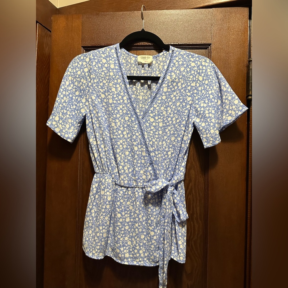 Sienna Sky Light Blue Floral Wrap Blouse